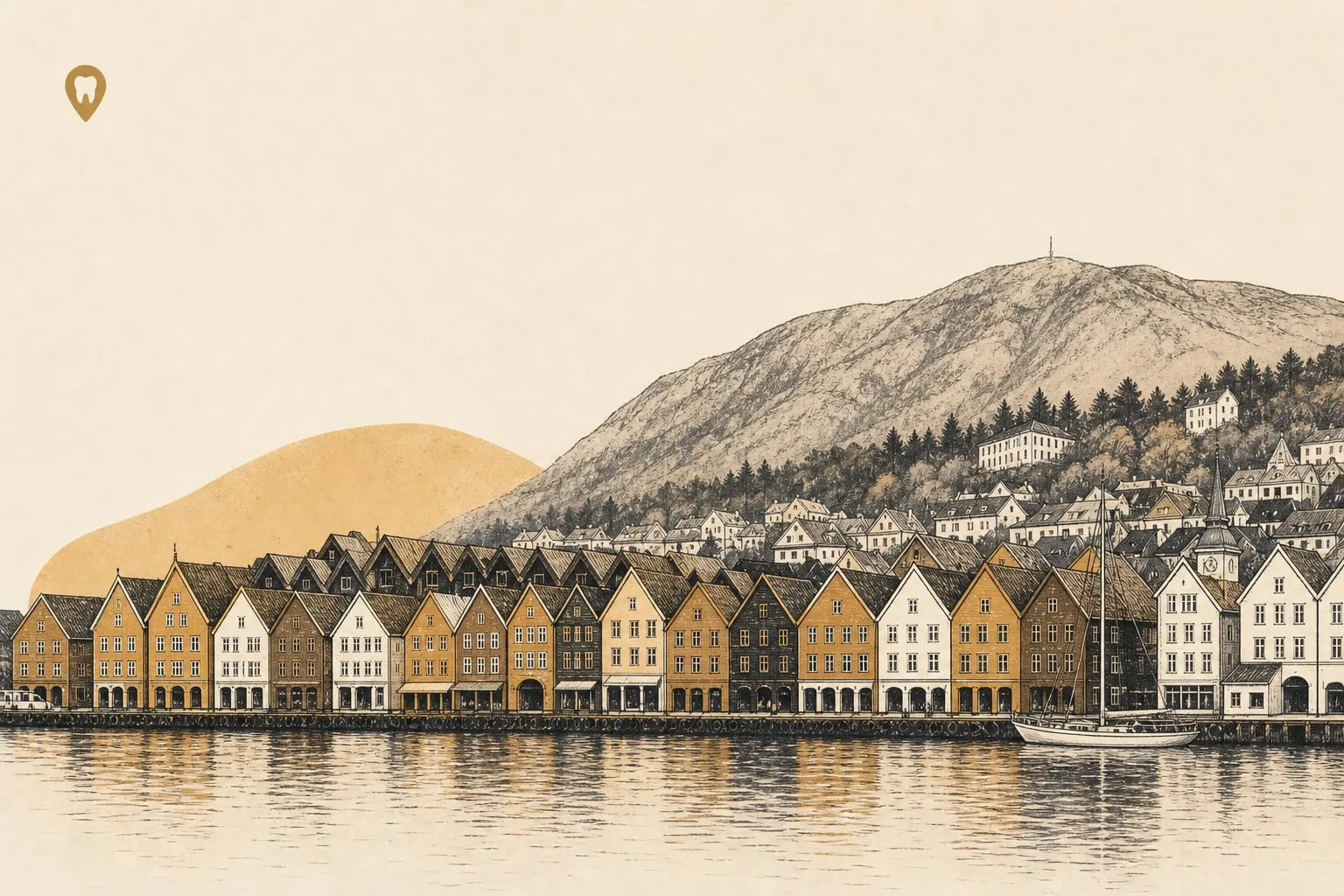 Redaksjonell illustrasjon: en kartnål med tann over Bryggen i Bergen.