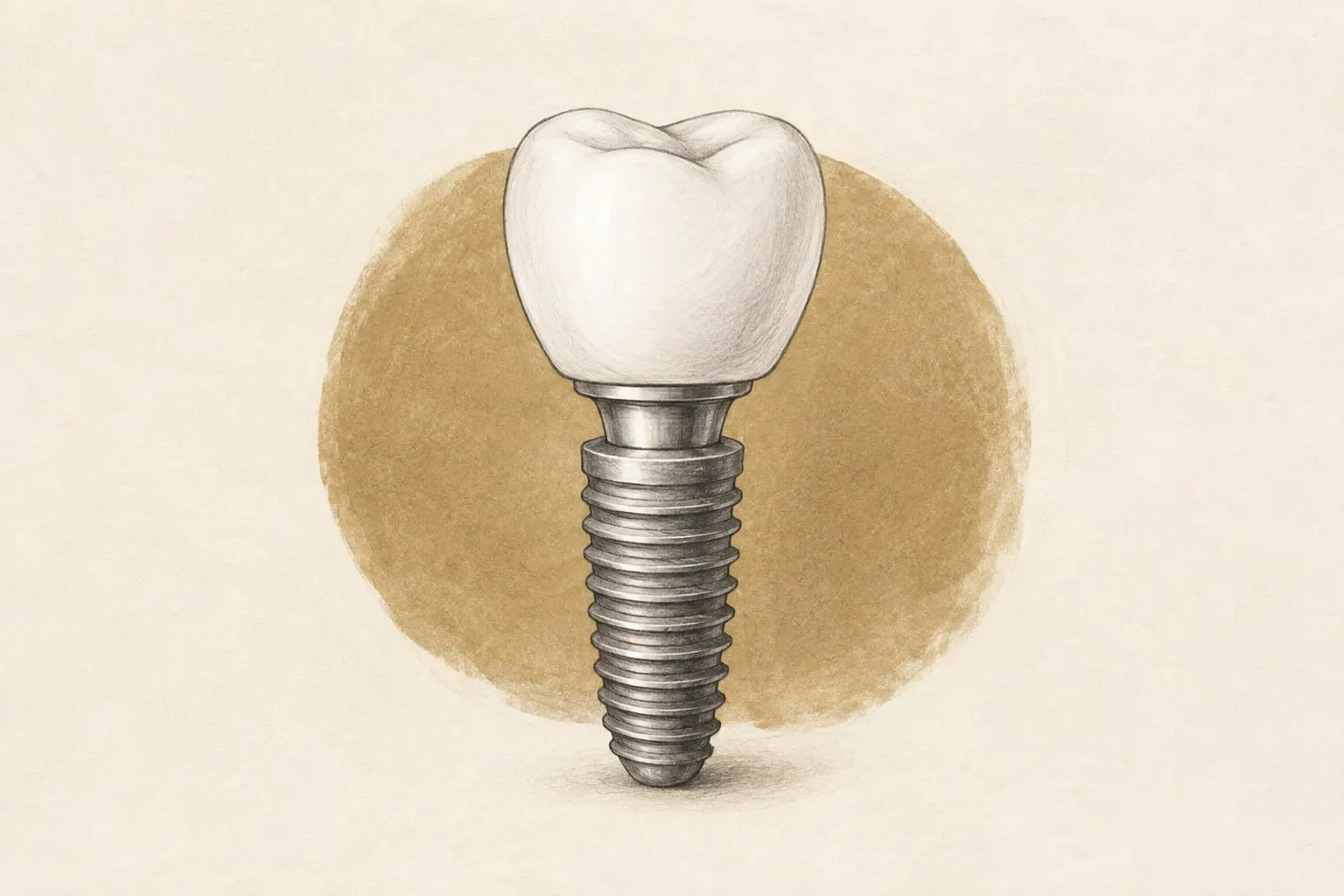 Illustrasjon av et tannimplantat med en hvit tannkrone og en grå implantatskrue.