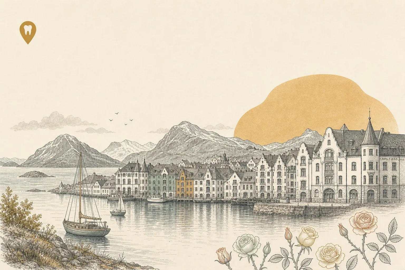 Redaksjonell illustrasjon av Ålesund med fjell, sjø og jugendstilhus.